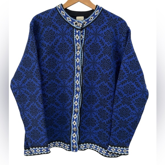 L.L. Bean Cotton Nordic Chunky Button Up Cardigan Sweater in Blue/Black - L - Picture 1 of 8